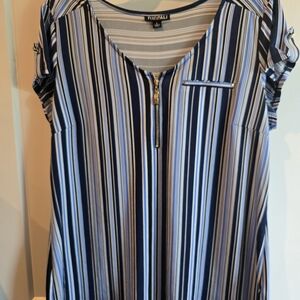 Roz & Ali Navy Striped Blouse with Zipper Detail